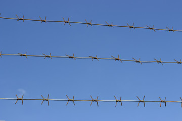 Barbed wire fence against the blue sky