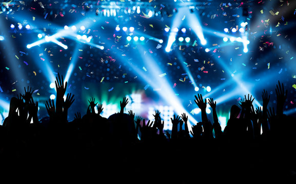 Party Background - Crowd People Enjoying in DJ Concert with Confetti Lighting and Laser