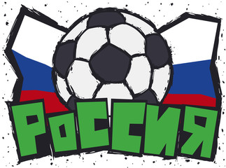 Soccer Ball and Russian Colors in Brushstrokes for Football Tournament, Vector Illustration