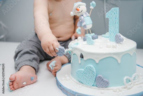 Kid S Feet Near The Cake Cute Little Boy Eating His First Birthday