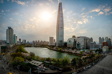 Cityscape of Seoul downtown city skyline with cherry blossom