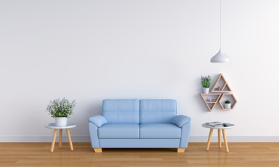 Blue sofa in white living room, 3D rendering