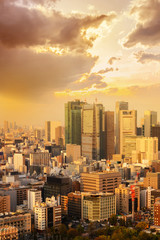 Fototapeta premium cityscape of tokyo city skyline in Aerial view with skyscraper, modern business office building with blue sky background in Tokyo metropolis city, Japan.