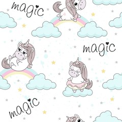 Seamless pattern with unicorns on a beautiful background. Vector illustration.