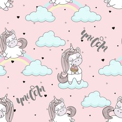 Seamless pattern with unicorns on a beautiful background. Vector illustration.