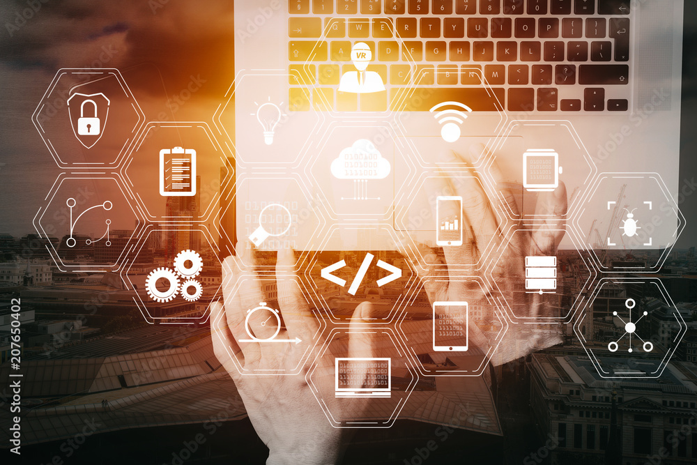 Poster cyber security internet and networking concept.Businessman hand working with VR screen padlock icon mobile phone on laptop computer background with buildings exposure