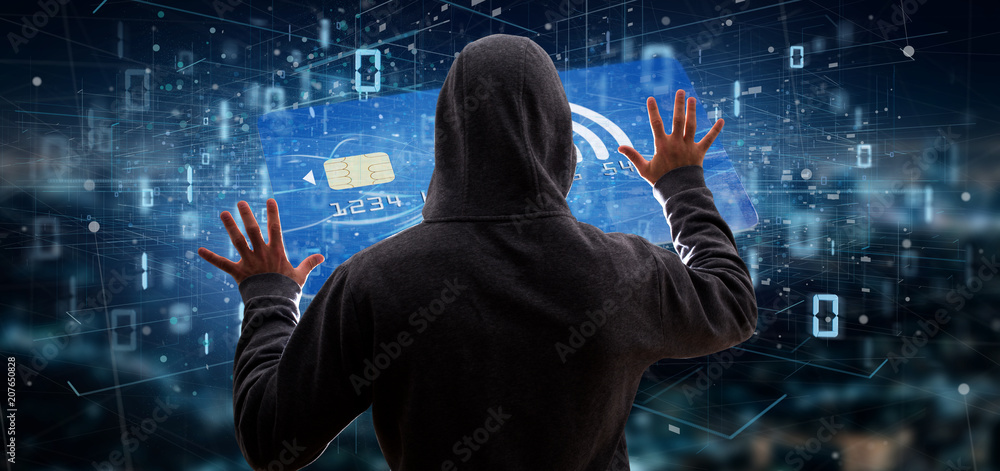 Poster hacker man holding a contactless credit card payment concept 3d rendering