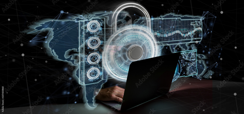Poster hacker man holding a padlock web security concept 3d rendering