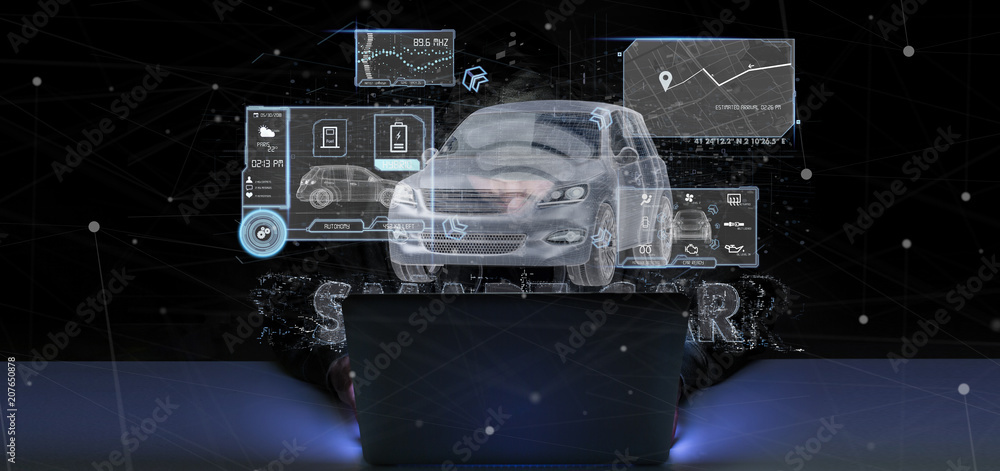 Poster hacker man holding an smartcar concept 3d rendering