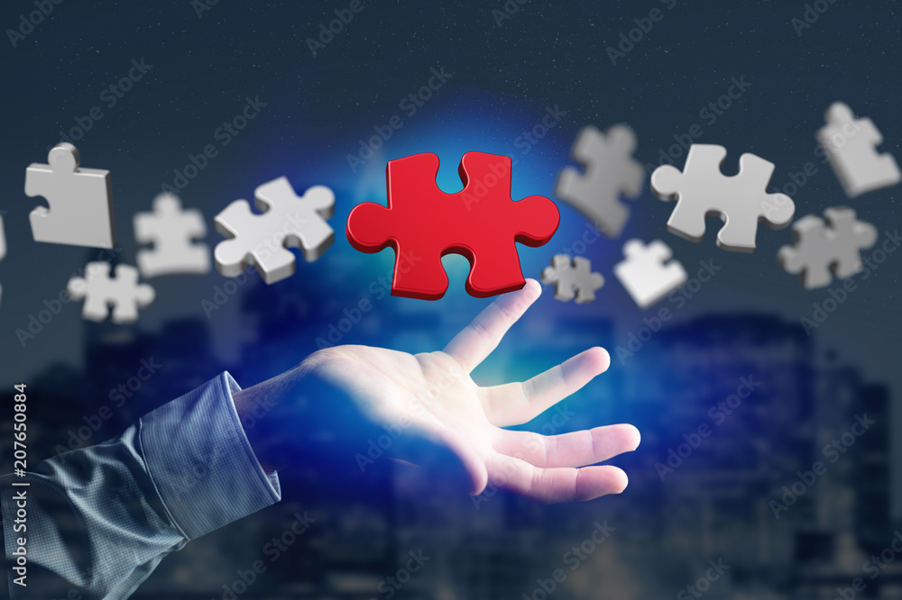 Poster Puzzle pieces on a futuristic interface - 3d rendering