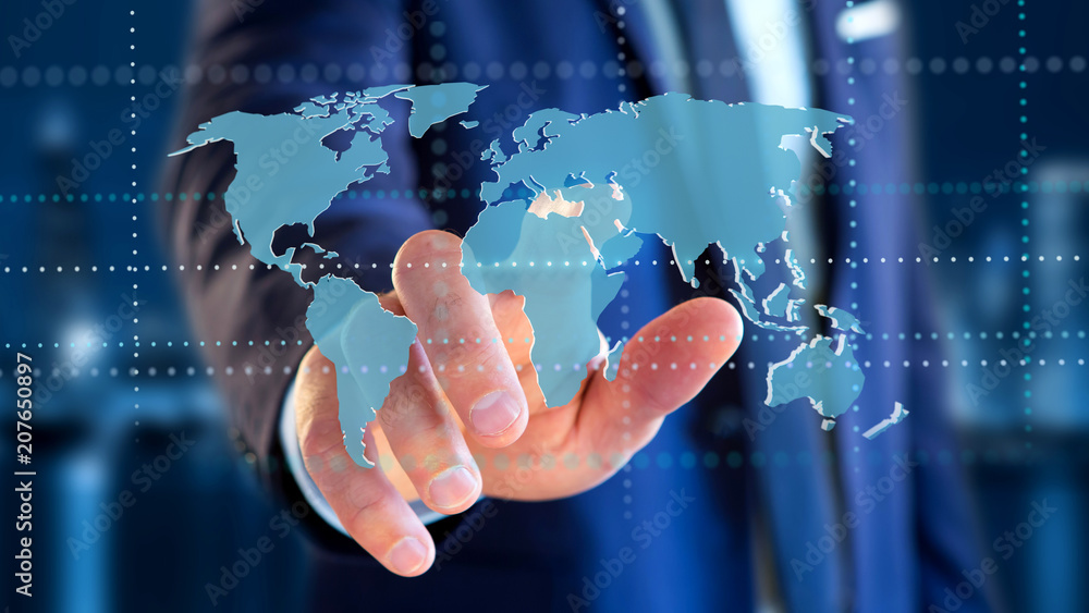 Poster businessman holding a connected world map on a futuristic interface - 3d render