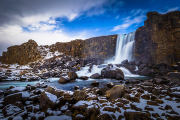 Fototapeta premium Oxararfoss - May 03, 2018: The Oxararfoss waterfall, Iceland