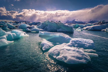 Jokulsarlon - May 05, 2018: Stunning blocks of ice in the Iceberg lagoon of Jokulsarlon, Iceland