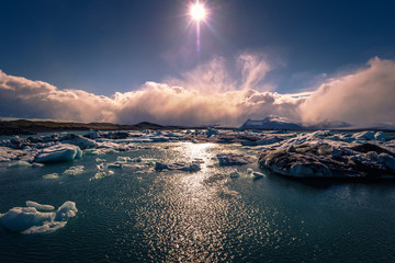 Jokulsarlon - May 05, 2018: Panorama of the Iceberg lagoon of Jokulsarlon, Iceland