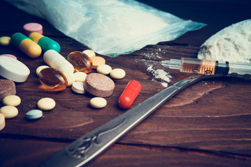 Drug concept. Use illicit Drug abuse .Addiction heroin.Injection, doping. Opium epidemic. Toning,...