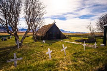Icelandic countryside - May 08, 2018: Turf church in the countryside of Iceland