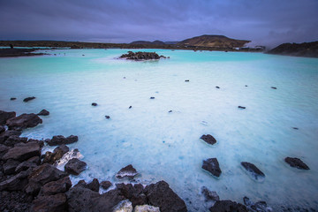 Blue Lagoon - May 09, 2018: Volcanic terrain at the Blue Lagoon thermal water spa, Iceland
