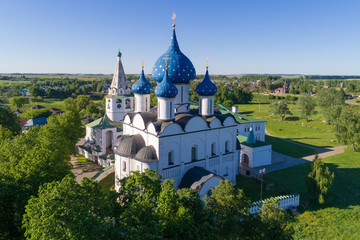 Suzdal, Russia. Aerial view of the Nativity Cathedral and the bell tower of the Suzdal Kremlin.