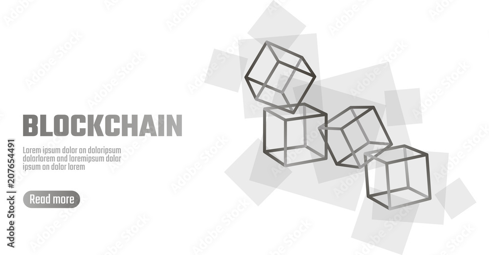 Poster blockchain cube chain symbol on square code big data flow information. gray white neutral presentati