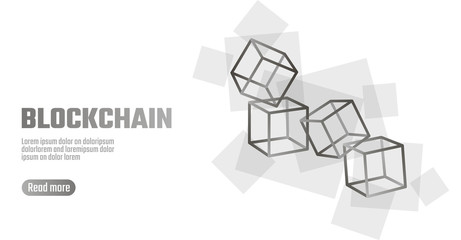Blockchain cube chain symbol on square code big data flow information. Gray white neutral presentation style. Cryptocurrency finance bitcoin business concept vector illustration background template