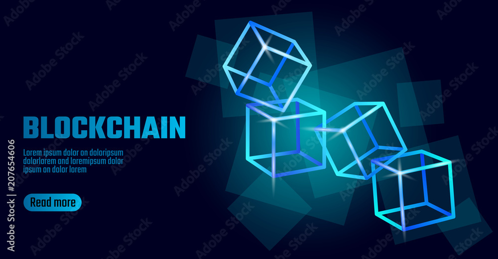 Poster blockchain cube chain symbol on square code big data flow information. blue neon glowing modern tren