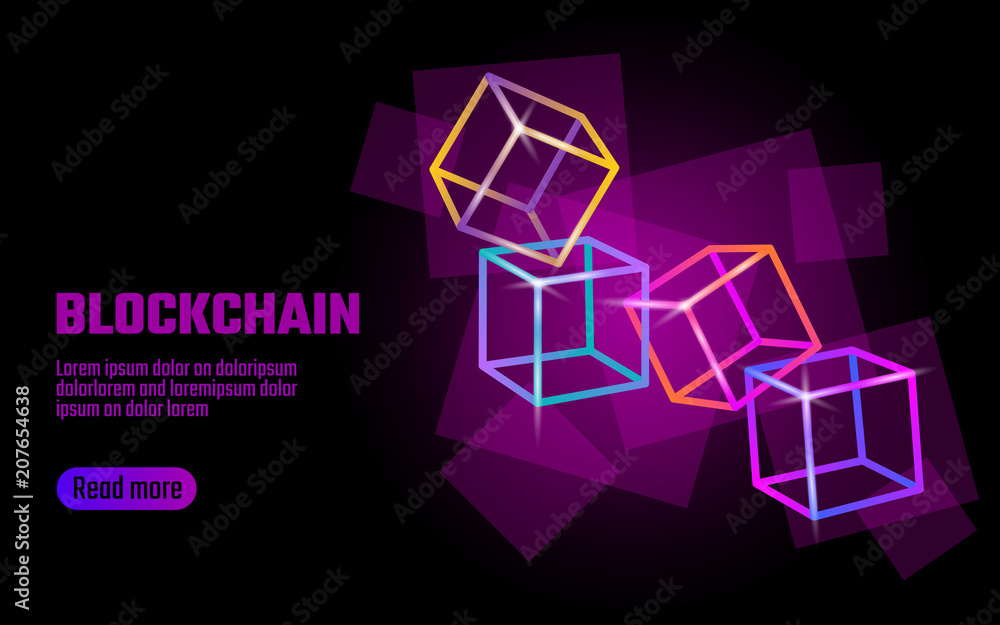 Poster blockchain cube chain symbol on square code big data flow information. pink neon glowing modern tren