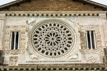 Tuscania (Viterbo), Italy. S. Pietro Chuch. Rose window with the symbols of the Evangelists.
