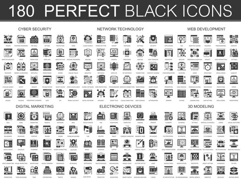 180 cyber security, network technology, web development, digital marketing, electronic devices, 3d modeling classic black mini concept symbols. Vector modern icon pictogram illustrations set.