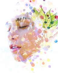 Paintography. Double exposure. Close up of an attractive peaceful model combined with hand drawn...