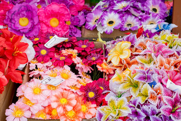 sale of flower bouquets with price tags close-up