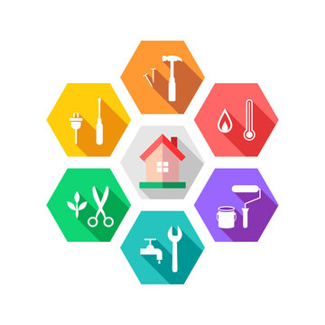 Maintenance and facility management concept with house and work tools around it. Colorful flat design with long shadow in hexagon shape.