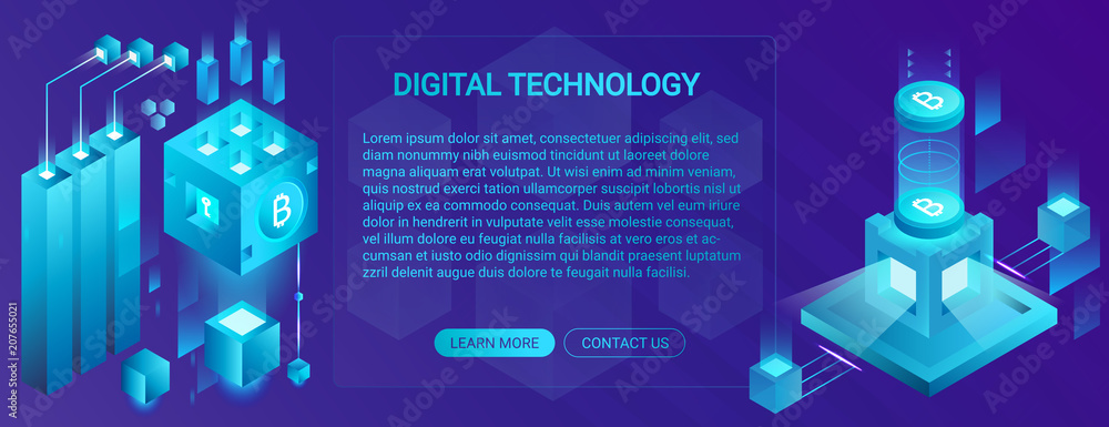Poster cryptocurrency, ico and blockchain banner concept, data powered center, cloud data storage, offering