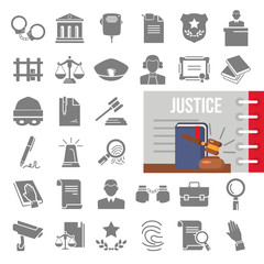 Justice simple icons set decorated thematic color flat illustration