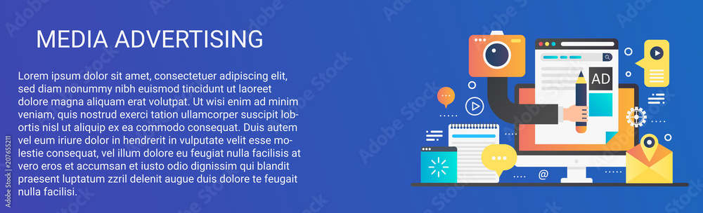 Poster modern vector flat gradient media advertising concept template banner with icons and text.