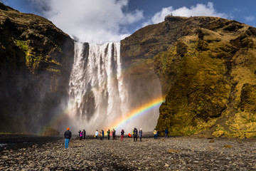 Skogafoss - May 04, 2018: Rainbows at the Skogafoss waterfall, Iceland
