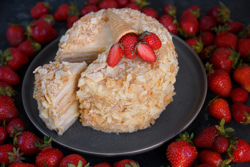 Strawberry cake, Napoleon, Millefeuille, Cream slice cake on dark background, Handmade dessert, Confectionery