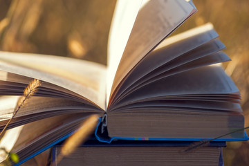 Open book on wooden table on natural background. Soft focus