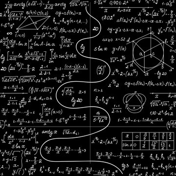 Math vector seamless pattern with plots, figures, equations, formulas and calculations, "handwritten with chalk on school blackboard" effect