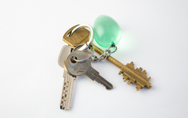 A bunch of keys with a key ring on a white background