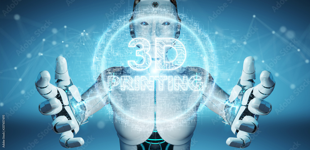 Poster robot white woman using 3d printing digital hologram 3d rendering