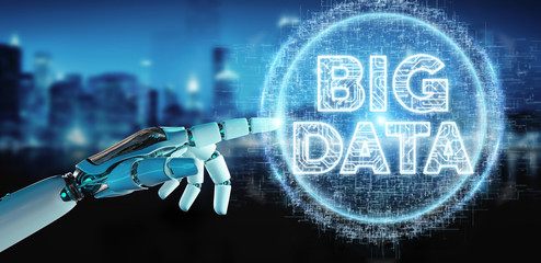 White humanoid hand using Big Data digital hologram 3D rendering