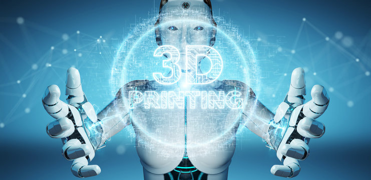 Robot white woman using 3D printing digital hologram 3D rendering