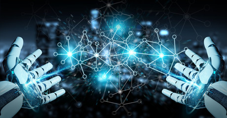 White cyborg hand using digital network connection 3D rendering