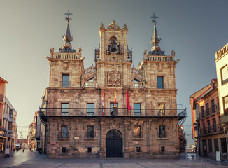Sunrise in the city town hall Astorga, pilgrim route to St James way, Leon, Spain.