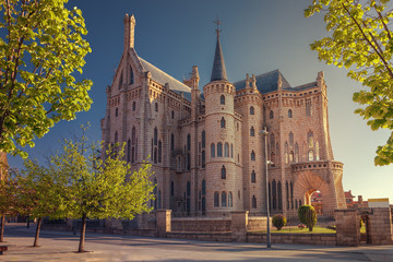 Sunrise in the episcopal palace Astorga, pilgrim route to St James Way, Spain. UNESCO World Heritage Site