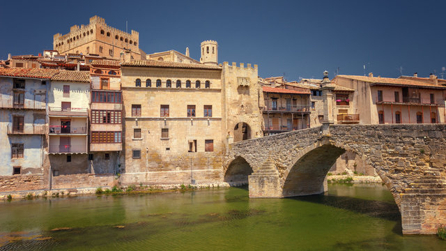 Valderrobres village of the 12th century, with its medival bridge, Matarrana district, Teruel province, Spain