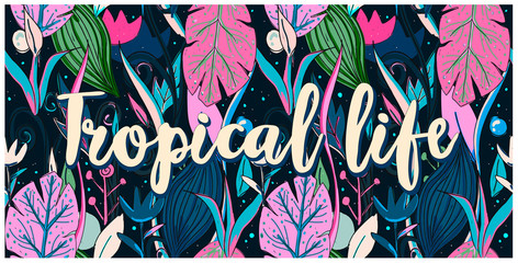 Seamless pattern tropical life, sea life, hand drawn leaves, flowers. Print colorful modern textile, jungle doodle theme, abstract sketch art. 
