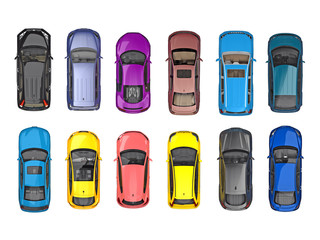 group of cars on top view isolated on white - obrazy, fototapety, plakaty