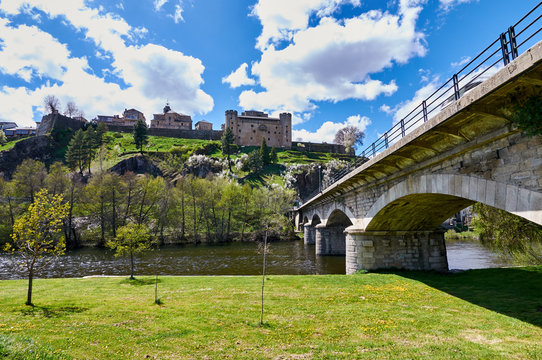 Historic town of Puebla de Sanabria from the Tera river shore