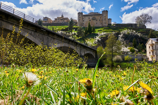 Historic town of Puebla de Sanabria from the Tera river shore